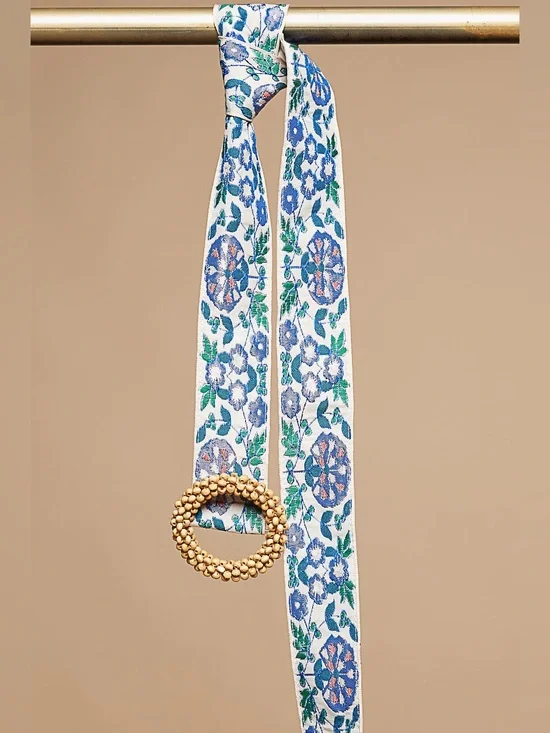 POL Blue and White Floral Belt with Beaded Buckle