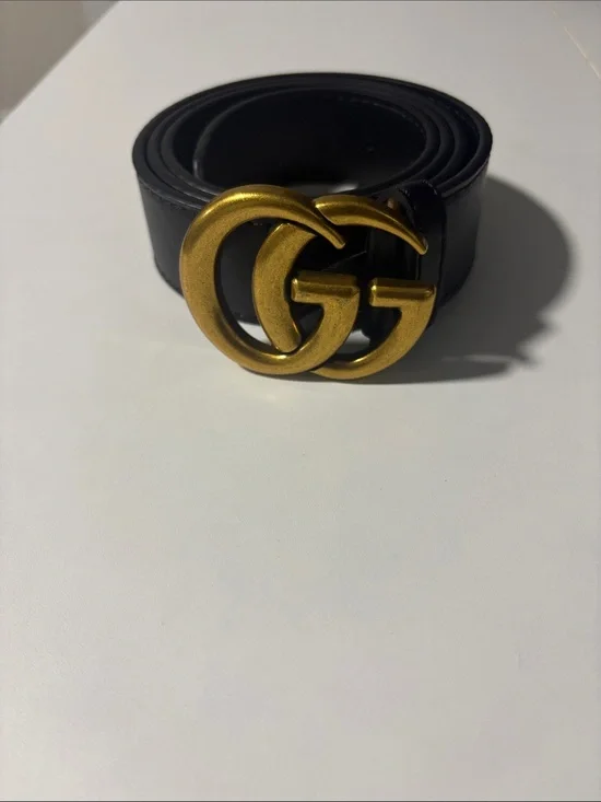 Black Leather Men’s Belt with Gold Double-G Buckle