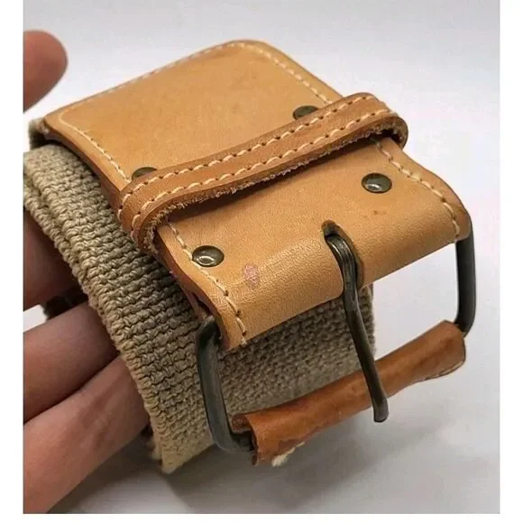 Vintage 90s Leather and Canvas Buckle Belt Strechy Wide 29in-31in 2in wide
