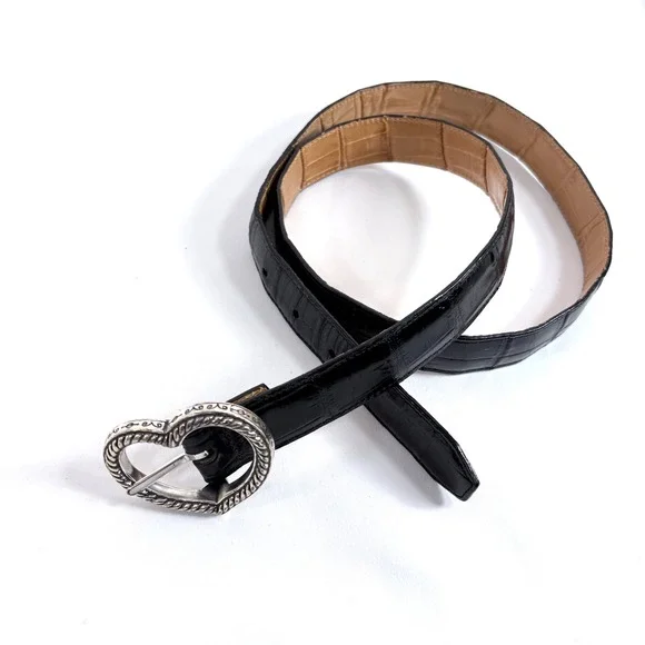 Brighton Belt Black Croc Embossed Leather Heart Buckle Ornate Silver XL B40023