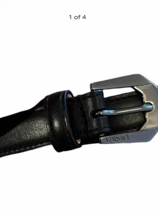 Versace Black Leather Men’s Belt with Polished Silver Buckle