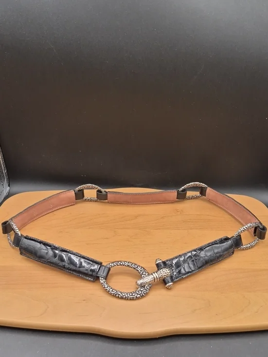 Vintage Brighton B60193 Black Croc Patent Leather Hook Belt Size 34