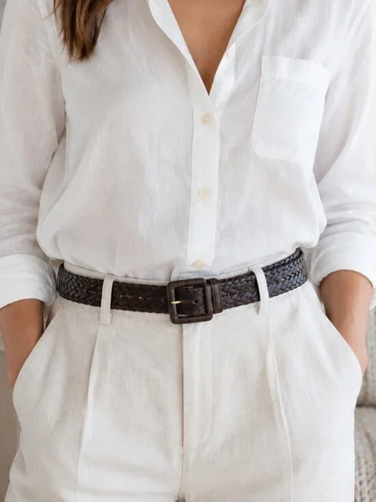 Ann Taylor Brown Braided Leather Belt Women's Square Buckle Size M Woven VTG