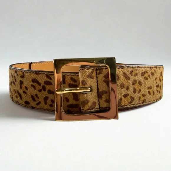 Leopard Calf Hair Belt Womens Small Brown Gold Square Buckle Leather Face Wide