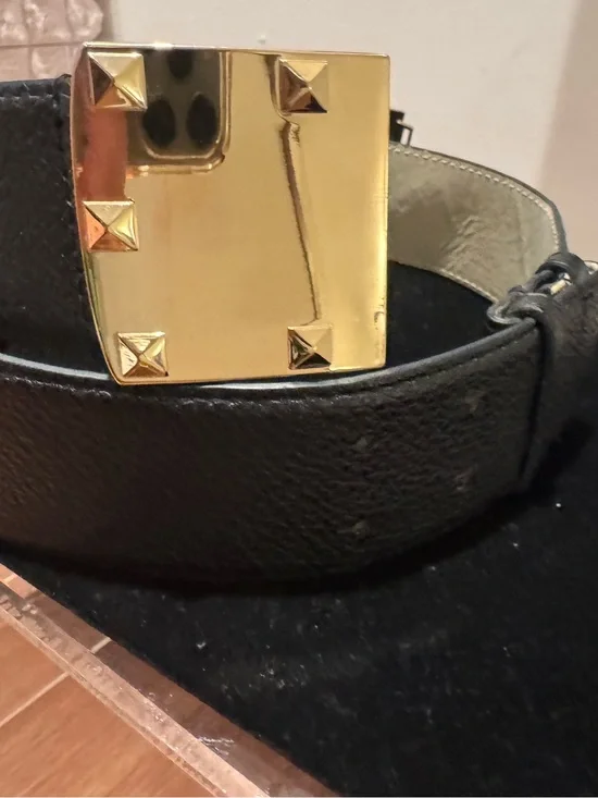 BCBG Black Faux Leather Belt with Gold Pyramid Stud Buckle. 34” long.