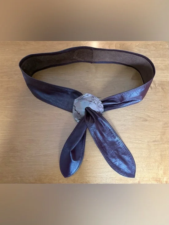 1980s Chocolate Brown Leather Belt w/ Artistic Metal Slider Buckle