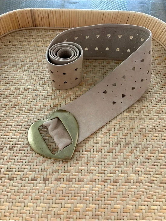 Taupe Heart-Perforated Suede Belt with Brass Buckle