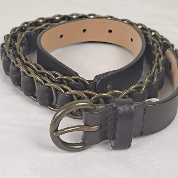 Talbots Size Large Brown Leather and Metal Ring Woven Belt Brass Toned Hardware