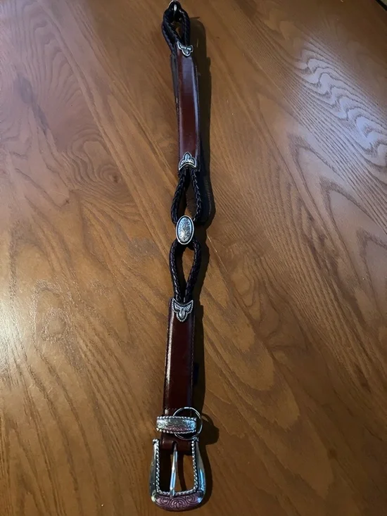 Vintage Women’s Small 28 Brown and Black Leather Braided Belt Silver Buckle