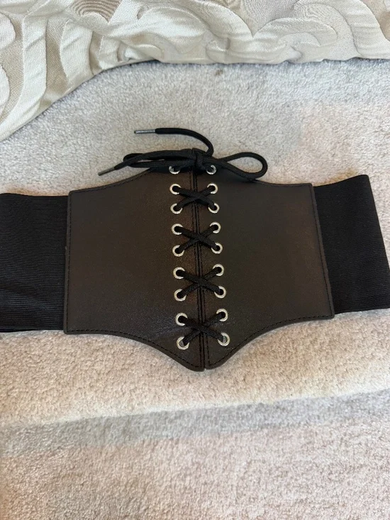 Black Faux Leather Lace Up Corset Belt Elastic Wide Waist Underbust Cincher