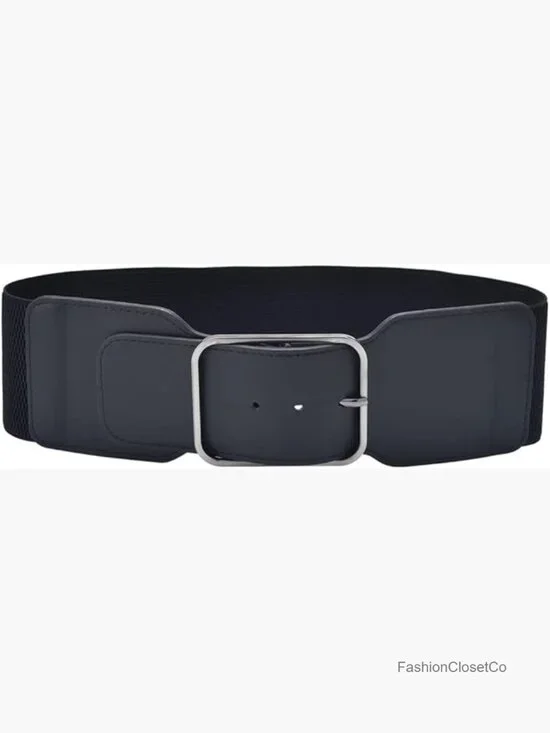 Wide Stretchy Cinch Belt 3 Inch Elastic Waist Ornament Faux Leather Buckle
