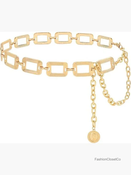 Vintage Alloy Square Link Chain Belt Metal Waist Belt Clasp Adjustable