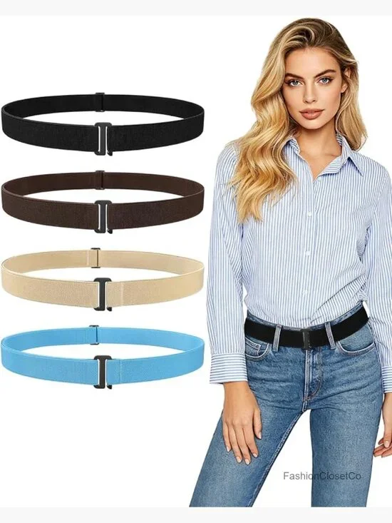No Show Elastic Belts for Women - Invisible Stretch Waist Belt with Flat Buckle