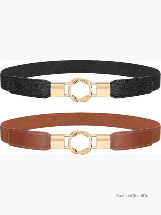 Women Retro Elastic Stretchy Skinny Waist Belt, 1 inch Wide, Metal Buckle, Faux