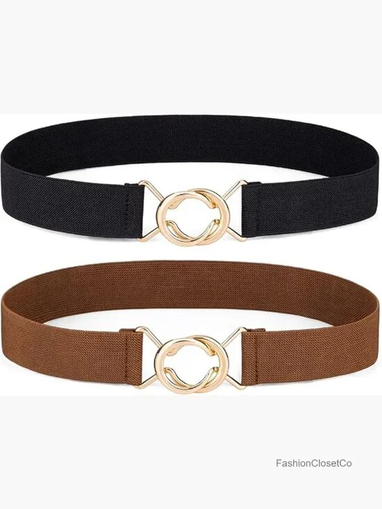 2 Pack Elastic Waist Belts for Women with Gold Buckle, Stretchy Dress Belt