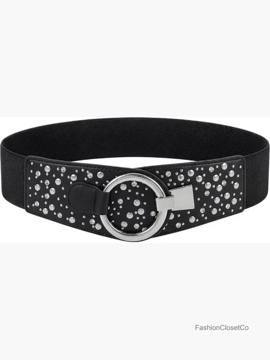 Wide Elastic Stretch Retro Metal Interlock Buckle Belt - Faux Leather