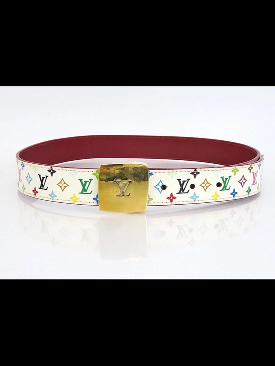 Louis Vuitton White Multicolor Monogram Belt with Gold LV Buckle