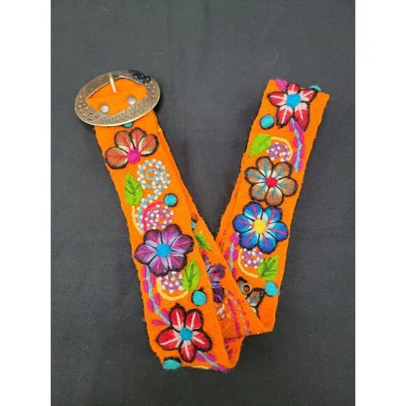 Hand Woven Wool Belt Multicolored Embroidered Flowers 28-37