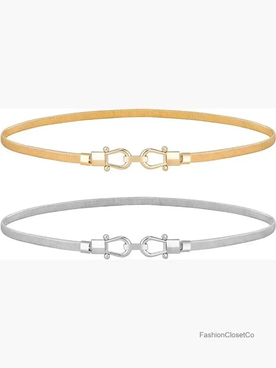 Skinny Metal Waist Belt - Elastic Stretch Dress Belt