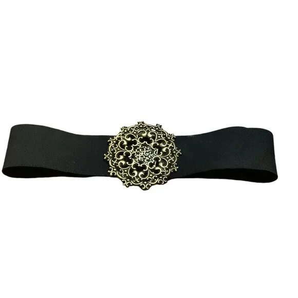 Vtg‎ Elastic Waist Belt With Ornate Gold-Tone Scroll Floral Buckle