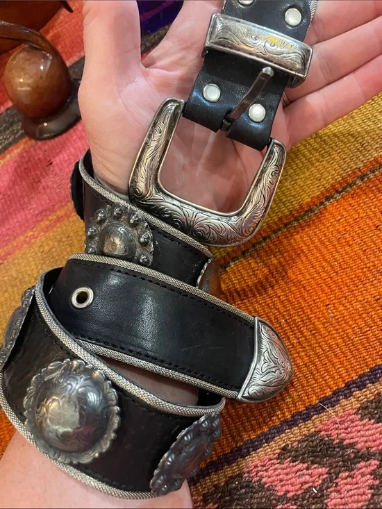 Another Line Black Western Faux Leather Belt with Engraved Pewter Conchos