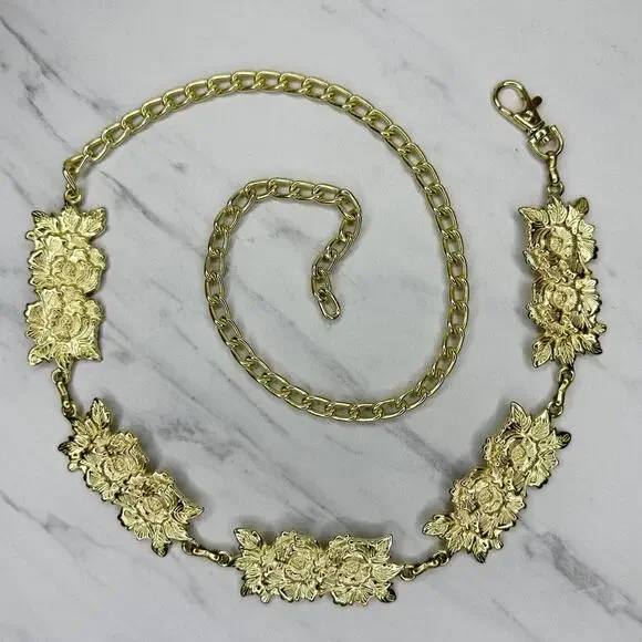 Floral Gold Tone Rose Chain Link Belt One Size (OS) ✨