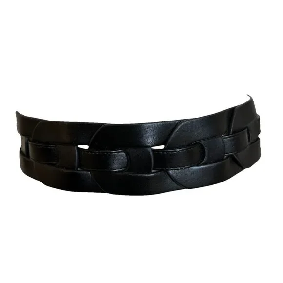 BCBG‎ MAXAZRIA Black Vegan Leather Wide  Woven Belt Size Medium M NWT Statement