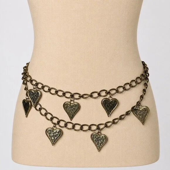 Vintage 1980s Heart Charm Layered Chain Belt Statement Gold Runway swag