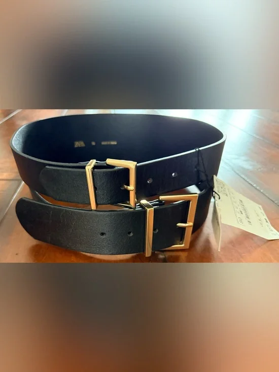 NWT Zara Black Leather Belt with Gold Buckle