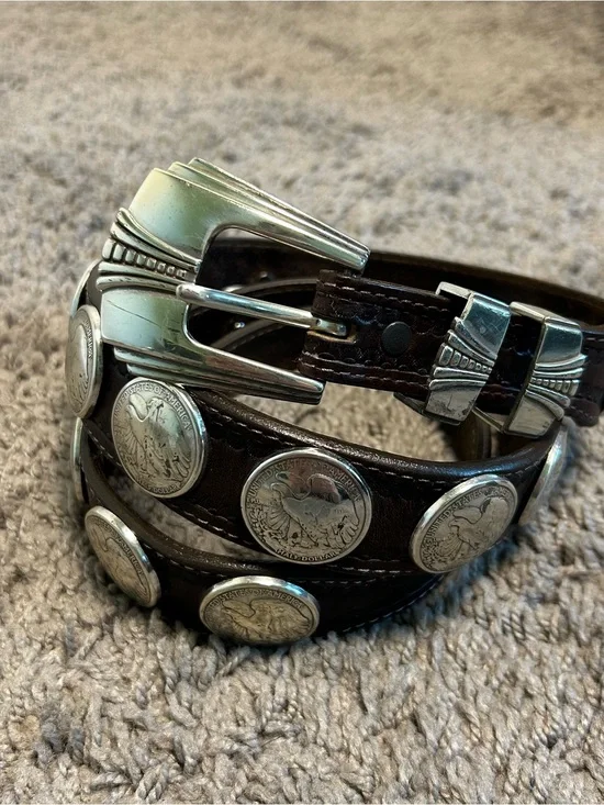 Vintage Justin Leather Coin Concho Belt with Silver Buckle