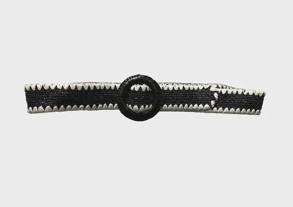 Womens Vintage Stretchy Statement Belt Size Small Black & Cream Raffia Look