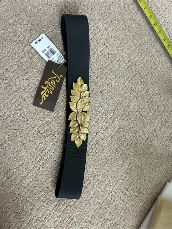 Black Elastic Waist Belt with Gold Leaf Detail