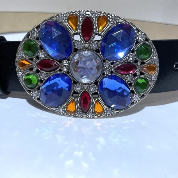 Amiee Lynn Leather Belt Colorful Jeweled Buckle Size L/XL Statement Western