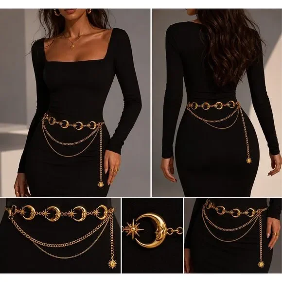 Celestial Moon Chain Belt — Gold Statement Waist Jewelry NWOT