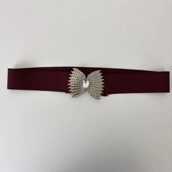Vintage Burgundy Elastic Cinch Belt Silver Angel Wing Crystal Buckle M/L