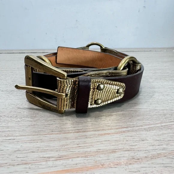 Michael Kors Brown And Gold Genuine‎ Leather Embossed Crocodile Belt Size L
