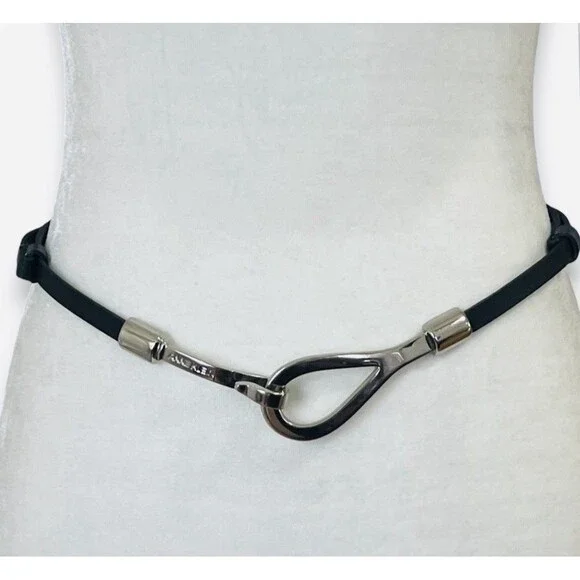 Anne Klein Fashion Belt Skinny Black Genuine Leather Silver Hook Buckle XL/XXL