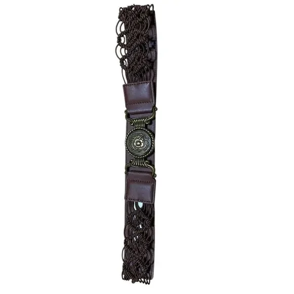 Brown Bonded Leather Belt Braided Woven Brass‎ Buckle Sz L