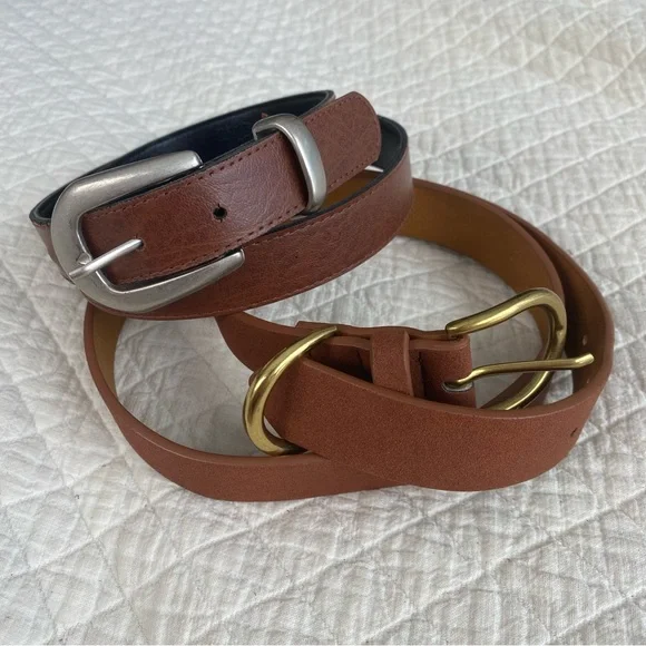 Bundle of 2 Brown Faux Leather Belts Silver & Gold Tone Buckles, 30-33” Waist