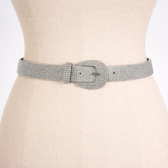 Vintage Y2K Rhinestone Belt Silver Crystal Western Bling Glam M/L Faux Suede