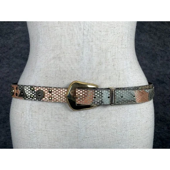 Vintage Elite Womens Belt Large Metallic‎ Medallion Gold Buckle Retro 80s 90s
