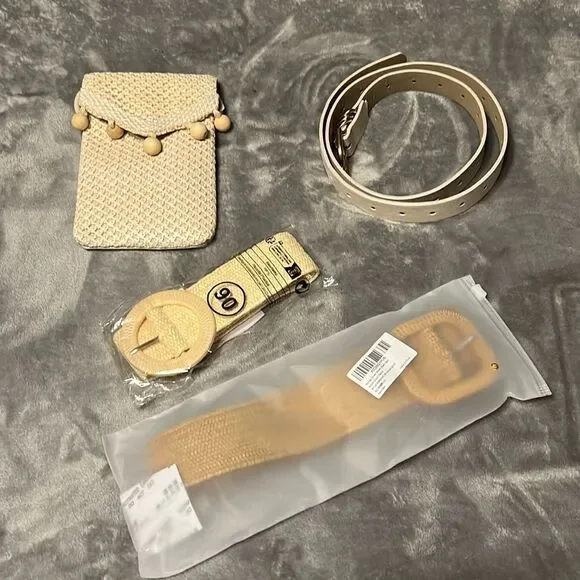 3 Cream Belts with Small Straw Crossbody Purse