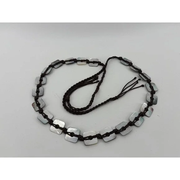 Mother of Pearl Belt Hippie Style Boho Casual, Brown Fringe, 60