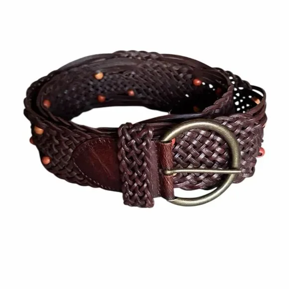 Vintage Ann Taylor LOFT Woven Leather Belt Brown Size L Boho Brass Buckle