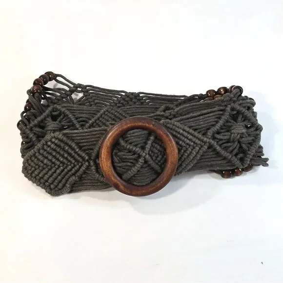 Women's Boho Macrame Rope Belt Brown with Wood Beads & Buckle Y2K