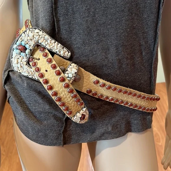 LeatherRock Vintage Tan Leather Belt W/ Burgundy Studs And Multi-colored Rock L
