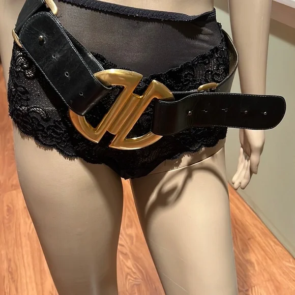 Omega Black Leather Belt With Large Gold Buckle Size M