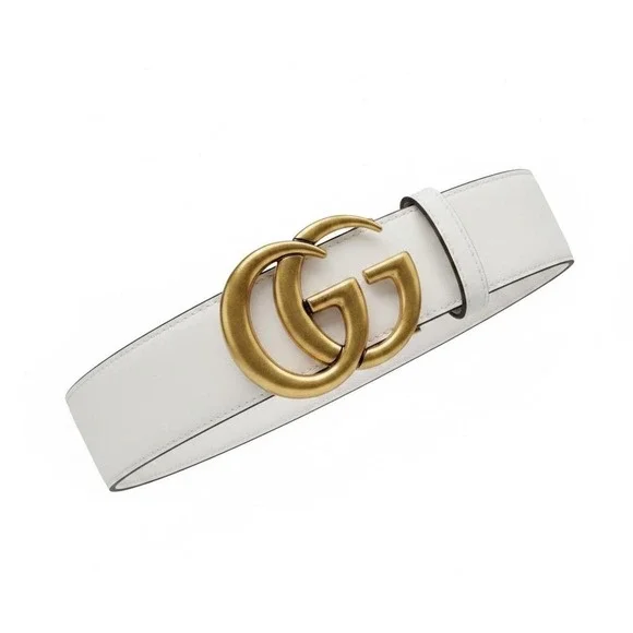 Gucci Marmont White leather belt with antique brass Gold GG buckle