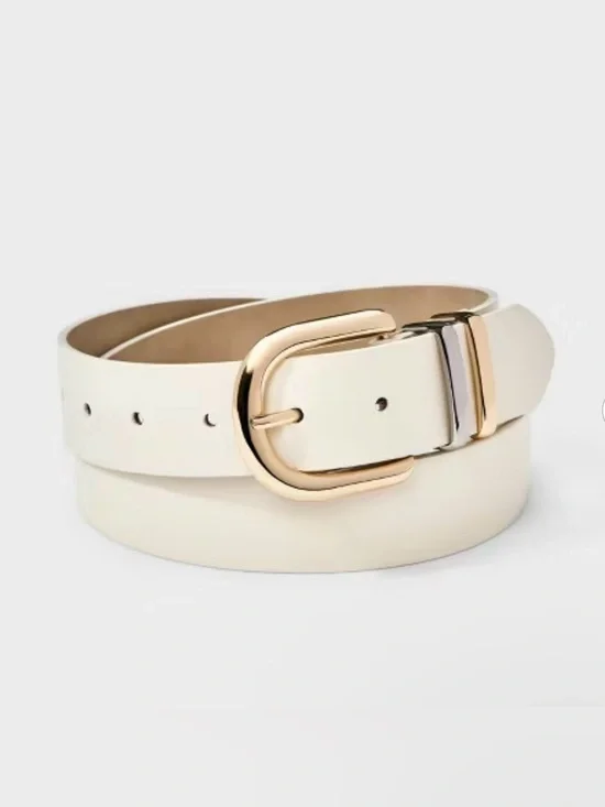White Faux Leather Belt with Gold/silver Buckle - Women