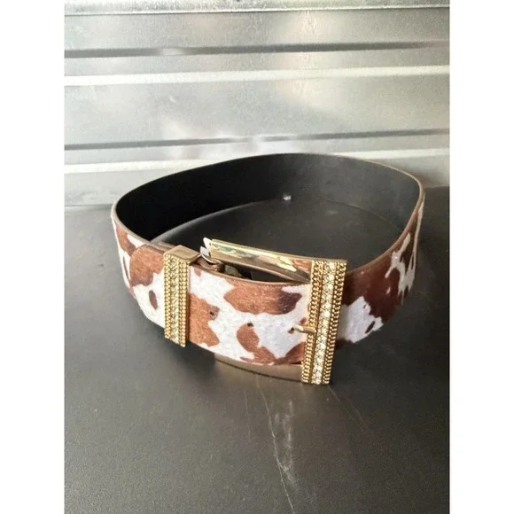 True Love  Cow Print Leather Calf Hair Textured Wide Gold Buckle Belt S